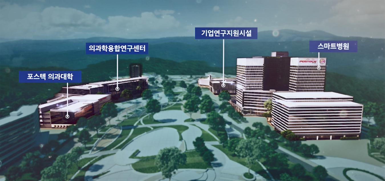 포스코 의과대학 조감도입니다. 왼쪽에는 포스텍 의과대학이 있고 의과학융합연구센터 건물이 위치해있습니다. 오른쪽에는 기업연구지원시설과 스마트병원 건물이 있습니다.