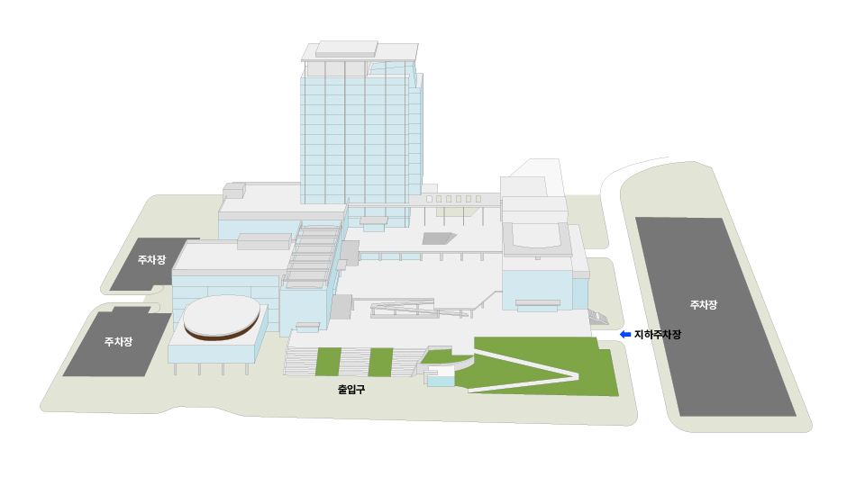 시의회,시청본관,문화동 건물이 있으며, 건물 아래에 출입구가 있습니다. 건물을 기준으로 왼쪽에 2개의 주차장이 있고 오른쪽에 주차장 1개와 지하주차장 입구가 있습니다.