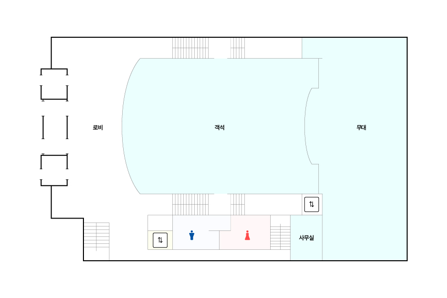 대잠홀 1층 평면도 입니다. 왼쪽부터 시계방향으로  로비, 객석, 무대, 엘리베이터, 사무실, 여자화장실, 남자화장실, 엘리베이터가 있습니다.
