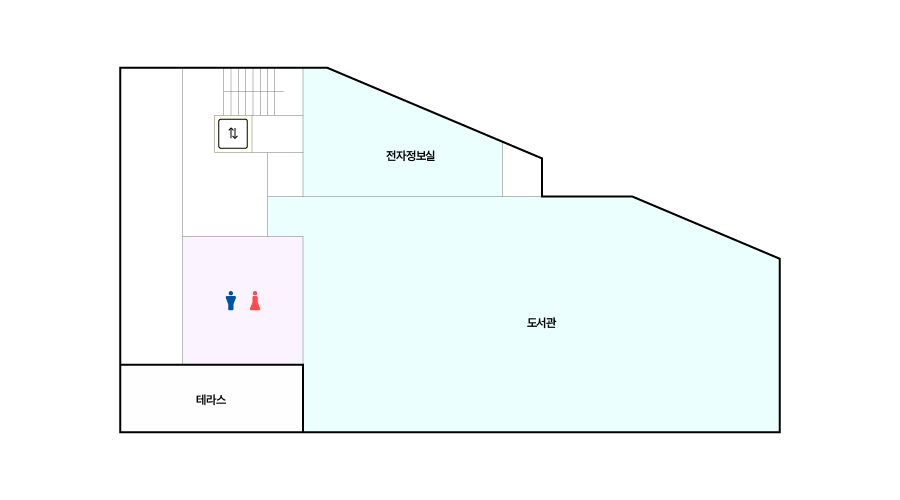 대잠도서관 4층 평면도입니다. 왼쪽부터 시계방향으로 전자정보실, 도서관, 테라스, 화장실이 있습니다.